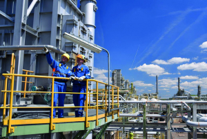 Dos trabajadores con cascos y uniformes azules de seguridad inspeccionan equipo en una plataforma elevada dentro de una planta industrial. El fondo muestra una extensa red de tuberías, tanques y estructuras metálicas bajo un cielo azul con nubes blancas.