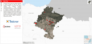 Mapa satelital de incendios forestales en La Rioja, España, 2025, mostrando alertas de fuego activas en áreas forestales y agrícolas, con datos de Tesicnor y UPNA.