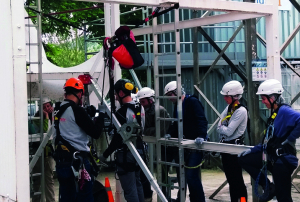 Un grupo de trabajadores con cascos y arneses practica técnicas de seguridad en una estructura de entrenamiento al aire libre, con escalera y equipo visible.