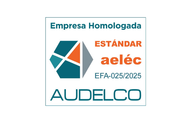 Certificado AELÉC que designa a Tesicnor como empresa homologada, con el estándar aeléc EFA-025/2025, logo hexagonal con colores verde, rojo y gris, y texto "Audelco" en la parte inferior.