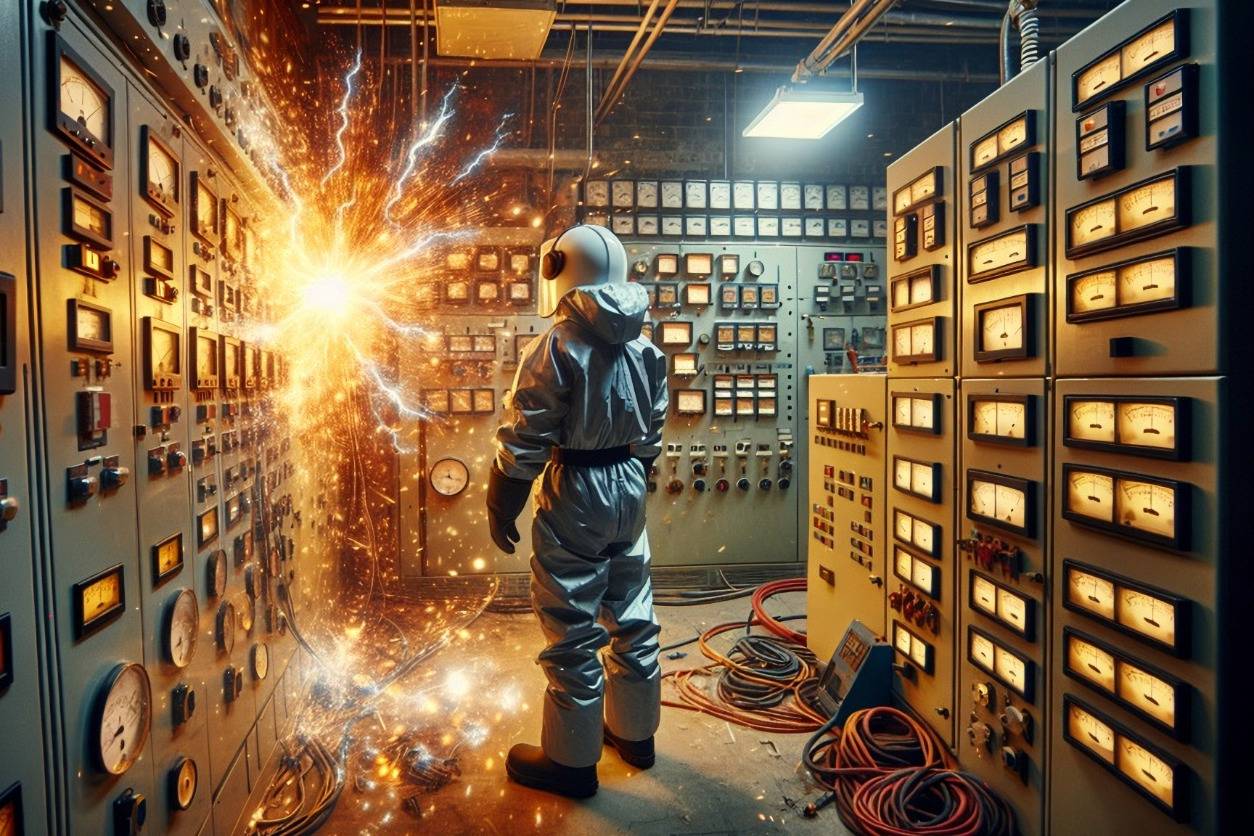 Trabajador con traje de protección frente a un arco eléctrico en sala de control industrial
