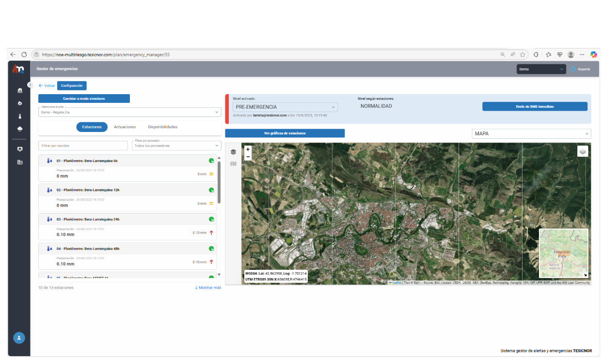 Plataforma digital multirriesgo de Tesicnor con visualización de estaciones y mapa de riesgo.