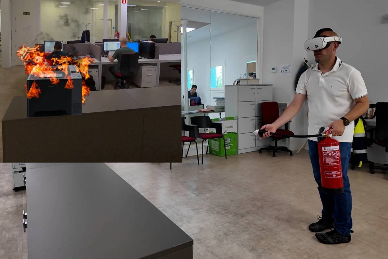 Augmented reality fire extinguisher training with digital fire and physical extinguisher.
