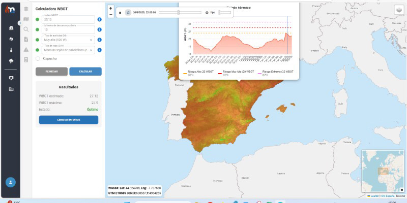 Captura de la Plataforma Multirriesgo de Tesicnor con calculadora WBGT, mapa de riesgo térmico de la península ibérica y gráfico horario.