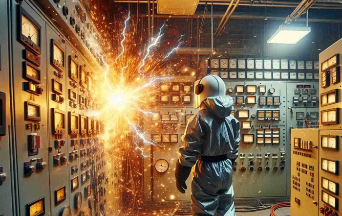 Técnico con EPP frente a un arco eléctrico en sala de control: destello intenso y chispas en tablero eléctrico industrial.