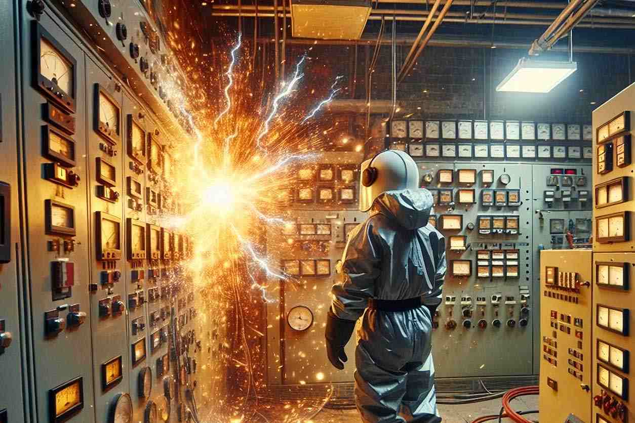 Técnico con EPP frente a un arco eléctrico en sala de control: destello intenso y chispas en tablero eléctrico industrial.