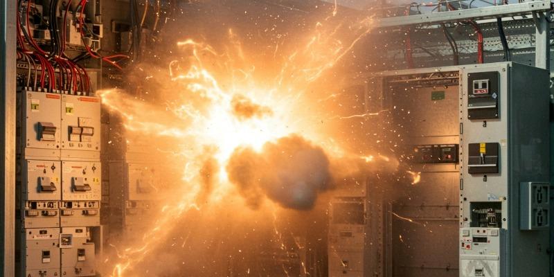 Arco eléctrico en una celda de distribución: destello y onda de presión en sala de cuadros eléctricos industriales.