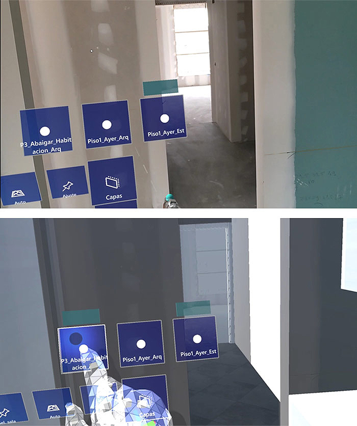Superposición del modelo BIM sobre el entorno real mediante realidad mixta.